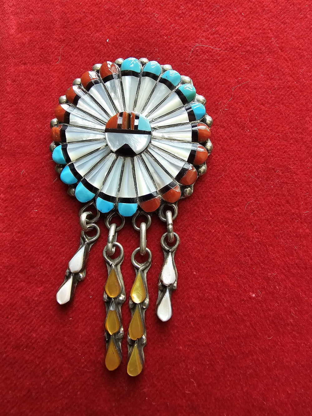 ZUNI Handcrafted Sunburst Inlay Brooch N Pendent Turquoise, Coral N Pearl Signed